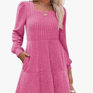 Sampeel Womens Square Neck Long Sleeve Casual Babydoll Sweater Dress